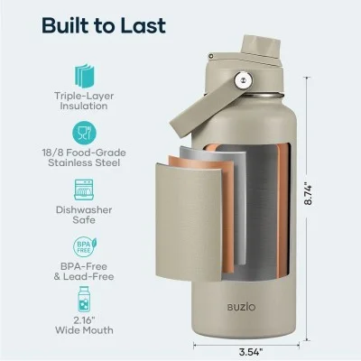 Buzio Duet Series Water Bottle with 2 Lids and Sleeve 1L - Beige